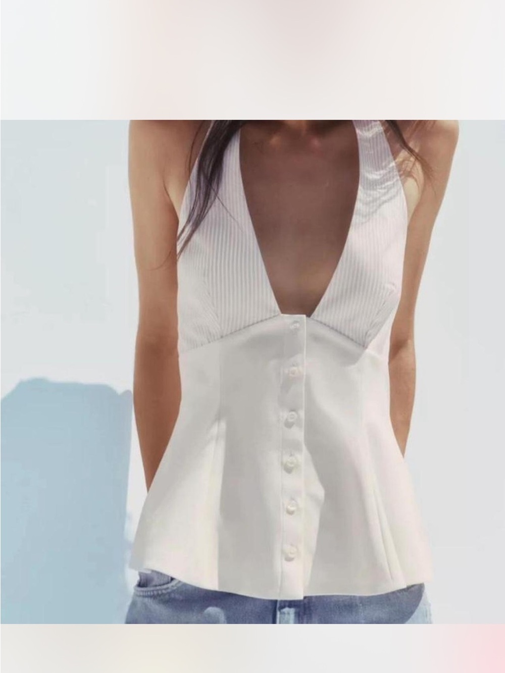 Zara White Deep V Halter Button-Front Camisole
